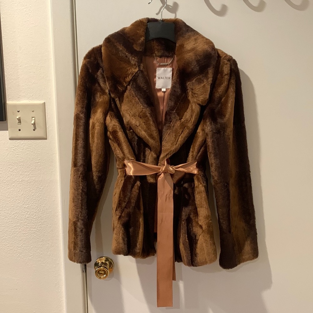 Faux fur jacket with satin ribbon tie
